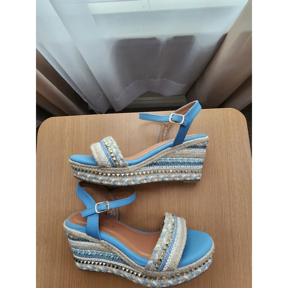 Patrizia Tisch Woven Wedge Light Blue Embellished Espadrille Sandals US 9.5 EU41